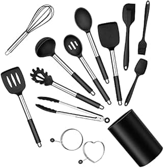 Silicone Cooking Utensils Set, E-far 14-Piece Black Kitchen Utensils Set with Holder, Kitchen Tools Spatulas with Stainless Steel Handle for Non-stick Cookware, Heat Resistant & Dishwasher safe
