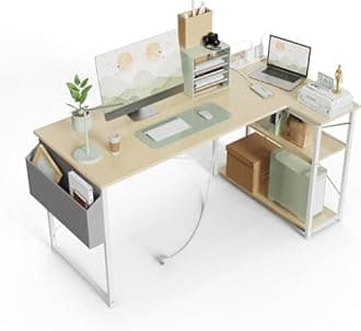 TIQLAB L Shaped Computer Desk with Power Outlets, 55 Inch Small Corner Desk with Reversible Shelves, Gaming Desk Computer Table Study Writing Desk for Home Office Small Space, Beige