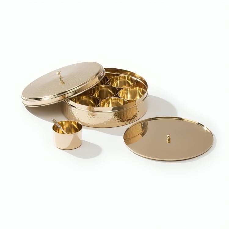 P-TAL Brass Masala box - Masala Dani - Spice Box Set for Kitchen - Spice Storage Organiser - Masala Dabba