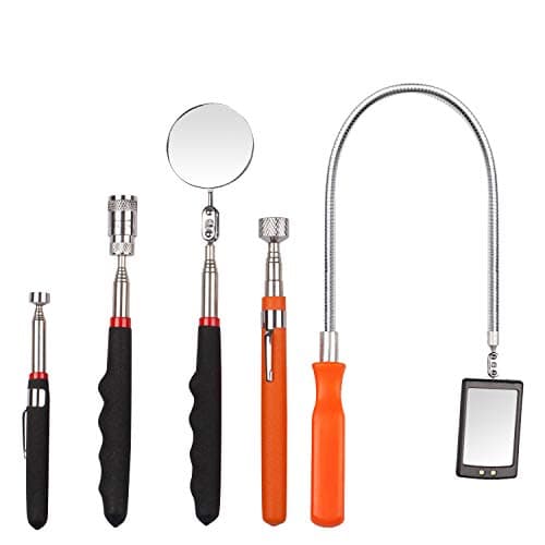 5 Pieces Telescoping Magnetic Pick-Up Tool,including 10 lb/ 8 lb/ 5 lb Pick-Up Rod and Round/Square Inspection Mirror Set,Telescoping Handle 360 Swivel with LED Light for Extra Viewing Pickup Dead An