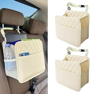 2 Pack Upgraded Car Seat Organizer Backseat with Storage Pockets, Multipurpose Car Organizer Hanging Car Trash Bag Premium PU Leather Garbage Can 2.14 Gallon Large Capacity Accessories Beige