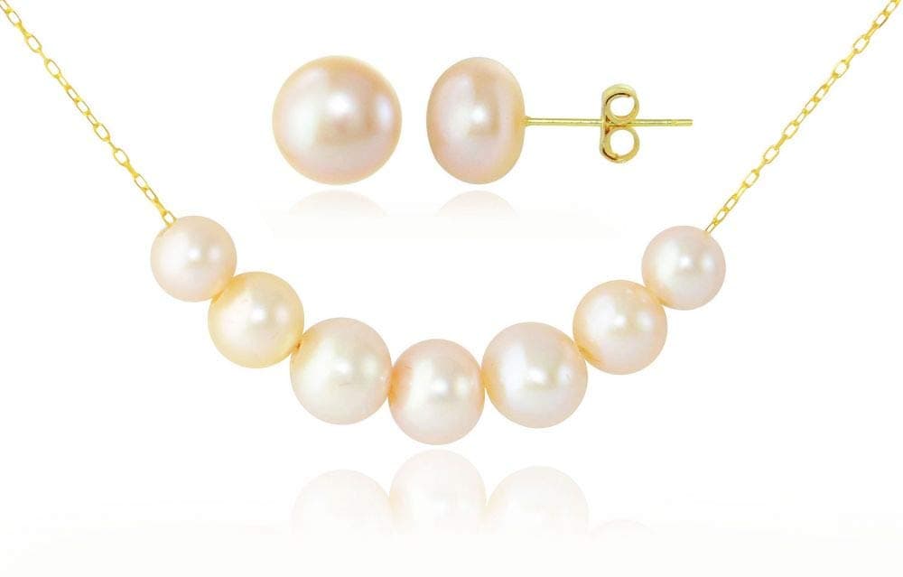 10K Solid Gold 5-7mm Gradual Light Pink-Orange Pearl Set, 2 Pieces