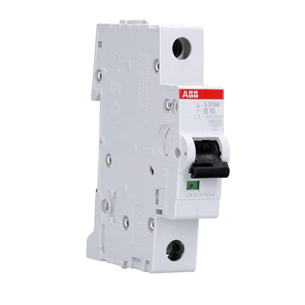 ABB S201M-B16 Miniature Circuit Breaker, 1 Pole, Type B, 10kA/15kA Breaking Capacity, 16 Amp Current (2CDS271001R0165)