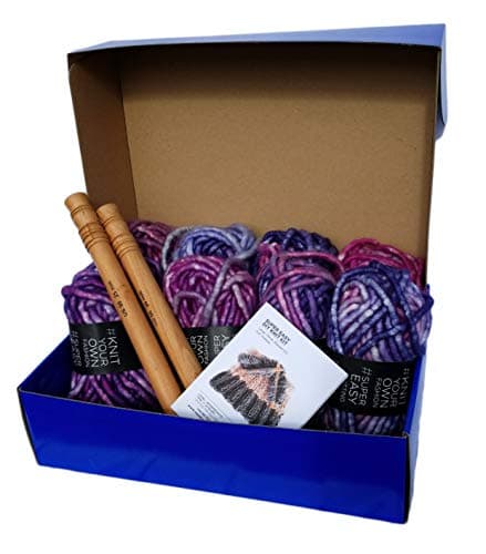 Large Chunky Throw Blanket DIY Knit Kit, Super Soft Thick Yarn w/Large Wood Knitting Needles US 50 Set (Pink & Purple Marled)