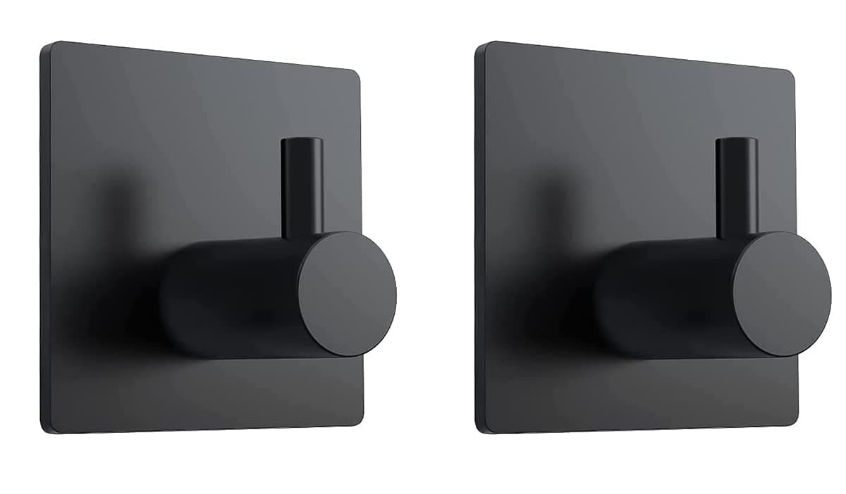 Towel Robe Hook Rack, Heavy Duty Wall Matte Black Hooks Waterproof SUS 304 Stainless Steel for Hanging Coat, Hat, Self-Adhesive Bathroom and Bedroom (Black Pack of 2 Pcs)