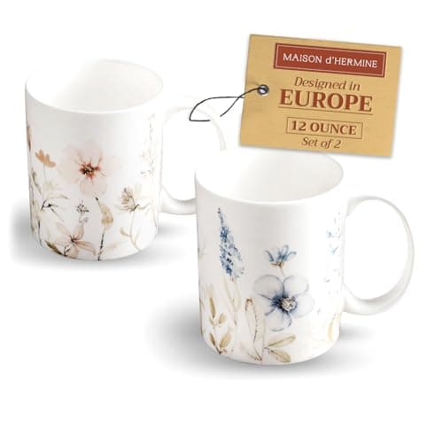 Maison d' Hermine Coffee Mug with Handles Fine Bone China Mugs Pack of Two Tea Cups for Hot Beverages Cappuccino Latte Home Restaurant Office Perfect for Gift (Ice Florals, 12 Ounce)