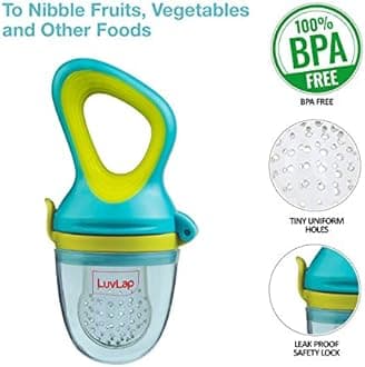LuvLap Silicone Food/Fruit Nibbler with Extra Mesh, Soft Pacifier/Feeder, Teether for Infant Baby, Elegant Blue, Bpa Free Feeding Spoon with Squeezy Food Grade Silicone Feeder Bottle,180Ml