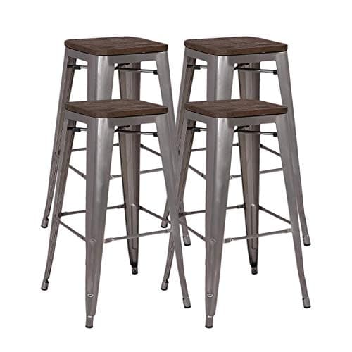 Squadise 30 inches Metal Bar Stools Set of 4 Stackable, Counter Height Industrial Bar Stools with Wood Seat for Home Kitchen,Pub,Outdoor-Gray