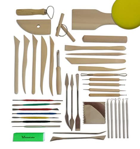 Skilled Crafter Pottery Tools Deluxe 40 Piece Set + Free Sponge & Needle Tool.The Smoothest Tools Made from Premium Ginkgo Wood, Stainless Steel & Aluminum for Creative Modeling Perfection!