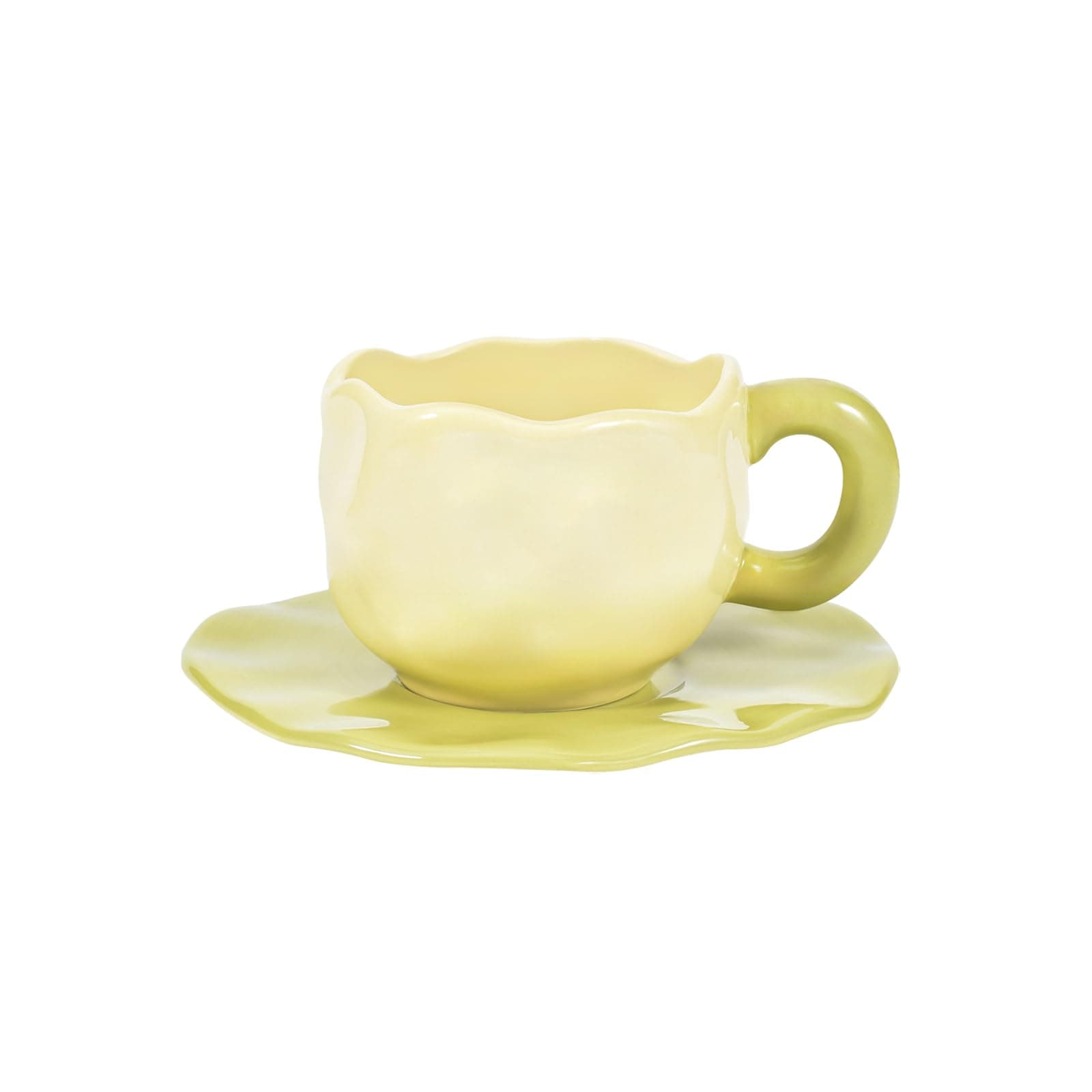 Koythin Ceramic Coffee Mug with Saucer Set, Cute Creative Morandi Cream Yellow Design for Office and Home, Dishwasher and Microwave Safe, 10 oz/300 ml for Latte Tea Milk