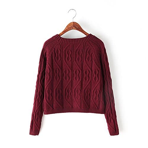Omine Women's Boat Neck Plain Pattern Cable Knitted Cropped Sweater One Size Maroon