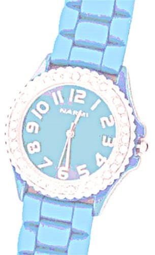 Geneva Blue Ceramic Style Watch with 1.5" Diameter Face, Rhinestones/Crystals and Jelly Soft Band