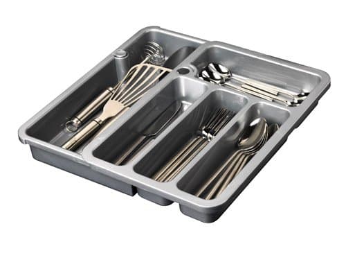 Adjustable cutlery drawer for kitchen drawer. From approx. 24.5 to 39 cm on 4 to 5 compartments, adjustable, in grey and white. grey