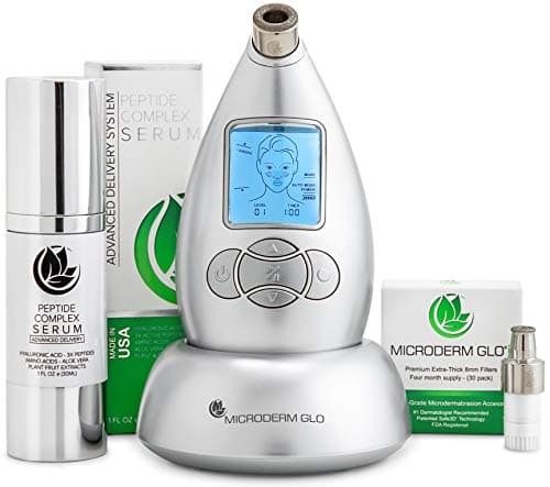 Microderm GLO Premium Skincare Bundle Includes Diamond Microdermabrasion System, 10mm Filters 100 pack, Peptide Complex Serum. Best Anti Aging Treatment Blackhead Remover and Pore Vacuum Kit