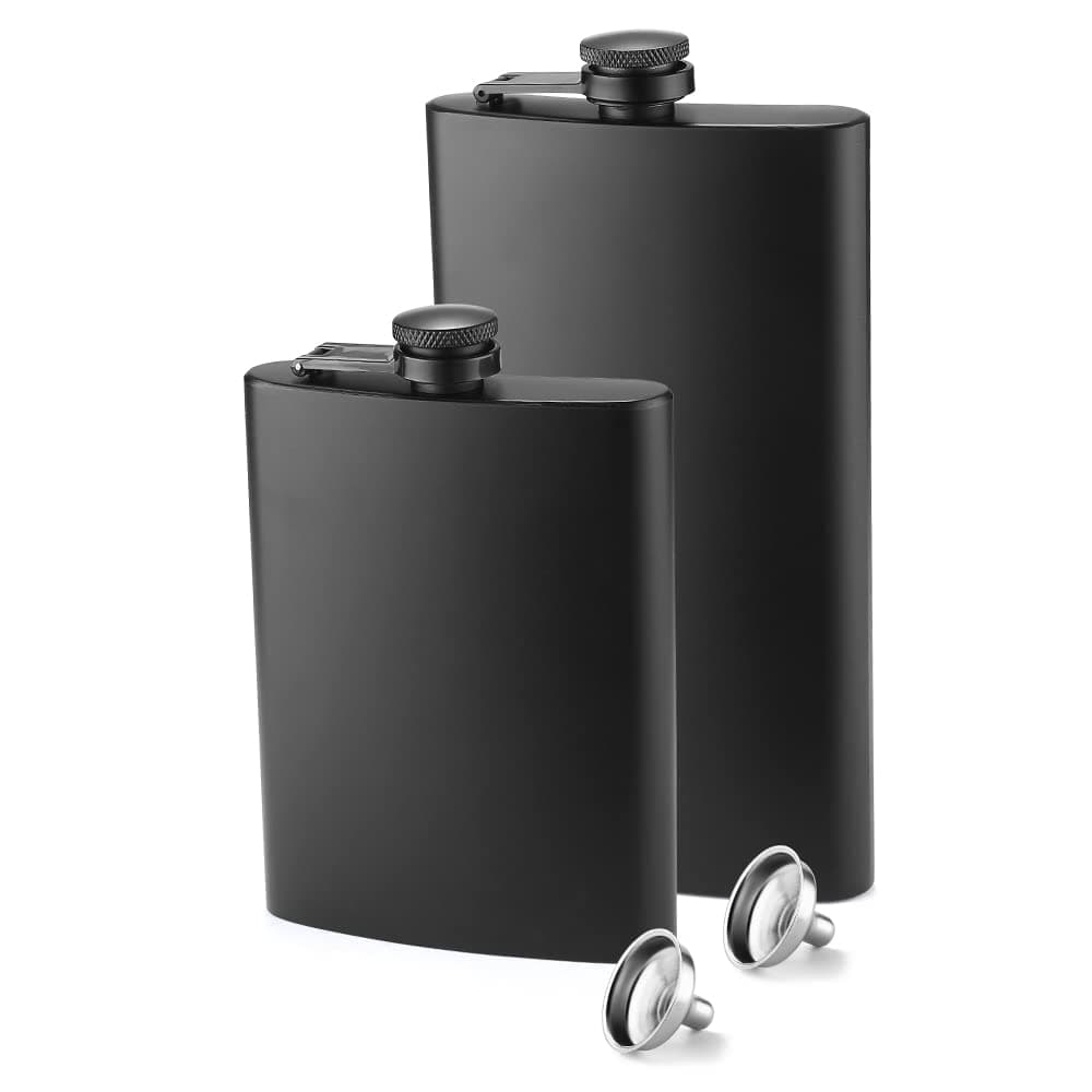 YFS 2 Pack Hip Flasks for Liquor, 8 Oz & 12 Oz Matte Black Stainless Steel Leakproof Flasks with Funnel