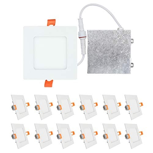 OSTWIN (12 Pack) 9W (45 Watt Repl.) 4 inch IC Rated LED Recessed Low Profile Slim Square Panel Light with Junction Box, Dimmable, 4000K Bright White 630 Lm. No Can Needed ETL & Energy Star Listed