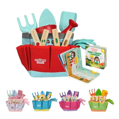 Matching Board Book - Red Kids Gardening Tools Set Includes Sturdy Tote Bag, Watering Can, Shovel, Rake, and Trowel - Garden Storybook - Kids Garden Tools- Easter Gifts for Toddler Age on up.