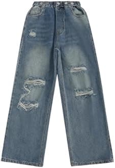 NABER Kids Girls Elastic Waist Cool Ripped Jeans Washed Denim Wide Leg Ripped Denim Jean Age 5-15 Years