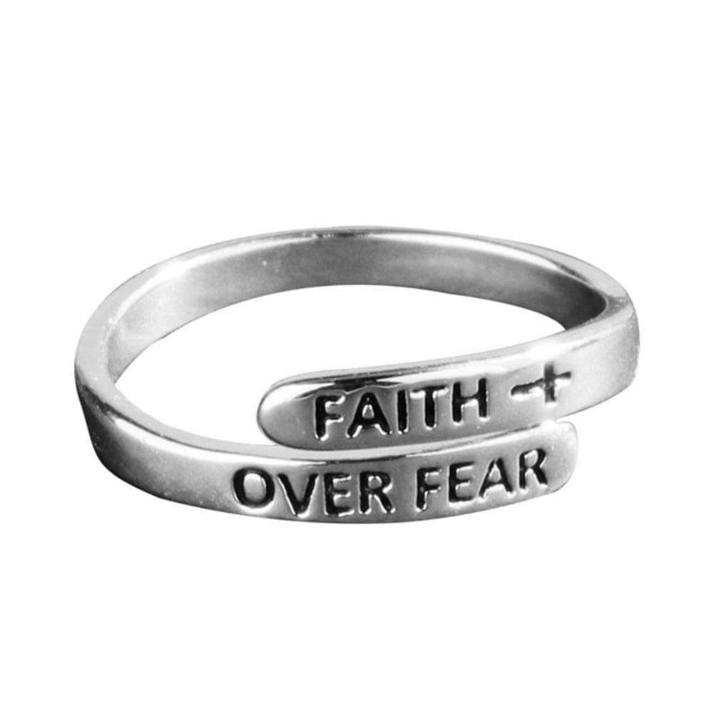 Faith Over Fear Ring,Sterling Silver Adjustable Wrap Open Ring,Women Teens Inspirational Jewelry Gifts