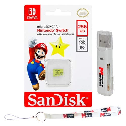 SanDisk 256GB MicroSD XC Memory Card UHS-I 100 MB/s for Nintendo Switch - SDSQXAO-256G with Dual Slot MemoryMarket MicroSD & SD Memory Card Reader and MemoryMarket Lanyard