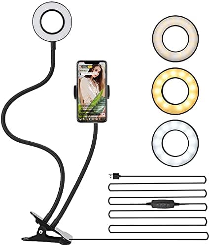 LEDGLE Selfie Ring Light, Upgraded Ring Light 360° Rotating with Cell Phone Holder Stand and Flexible Arms 3 Light Modes 10 Level Brightness for Live Stream Makeup and YouTube Video