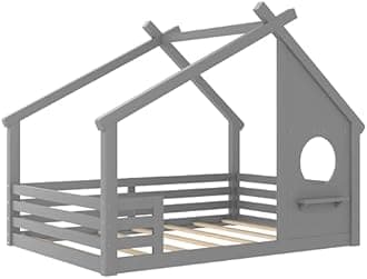 Bellemave Full House Floor Bed with Rail for Kids, Wood Montessori Floor beds with Window and a Small Shelf for Kids, Gray