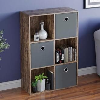Vida Designs Durham Cube Bookcase Storage Organiser Living Room Bookshelf Home Office Furniture (6 Cube & 3 Grey Baskets, Dark Wood)