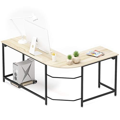 Hago Modern L-Shaped Desk Corner Computer Desk Home Office Study Workstation Wood & Steel PC Laptop Gaming Table (Large, White+Gold Frame)