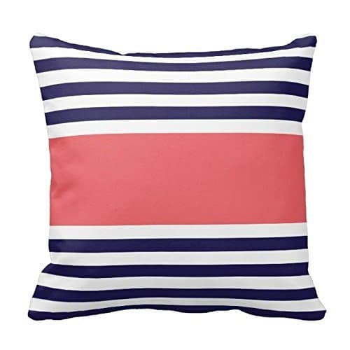 Coral Pink and Navy Blue Stripes Pattern Design Throw Pillow Cover Case Home Decorative Square 18X18 Inch Two Sides