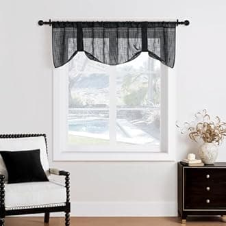 Home Queen Linen Look Tie Up Valance Curtain, Semi Sheer Balloon Valence for Home Decoration, Length Adjustable Drape for Living Room and Bedroom, 54 X 20 Inch, Black