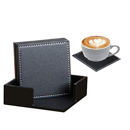 Coaster for Drinks with Holder Set of 6 Square Durable PU Leather Drink Coasters Coffee Cup Pad Dinning Table Mats for Home/Office/Kitchen/Bar,Protect Furniture from Scratch/Stain (Black)