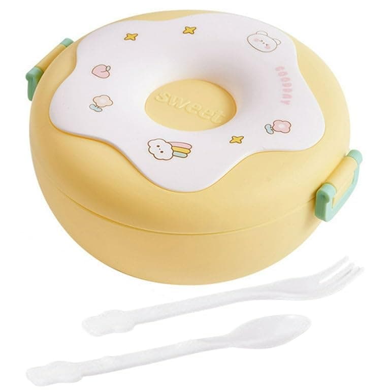 Donut Shape Kids Children's Lunch Box with Spoon and Fork Leak Proof, 3-Compartment Bento Style Kids Lunch Box BPA Free 1000 ML (Yellow)