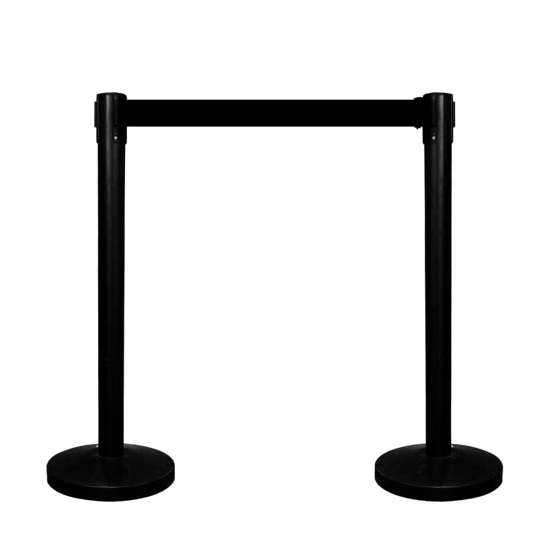 – Queue Barrier with 3Meter Retractable Belt | Black Crowd Control Post with Weighted Base | 4-Way Connectable Stanchion with Powder-Coated Iron Finish for Queue Management & Events - Set of 2