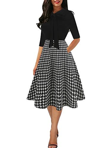 Women's Chic Stripe Dot Patchwork Pockets V-Neck Work Swing Dress with Bow-Knot SK278