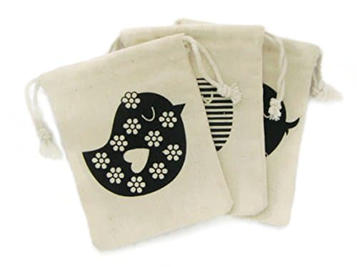 BUMOS Small-sized Unbleached Cotton Reusable Drawstring Gift Bags Wedding Party Gift Spice Bags Natural White 3 Pcs Little Bird, (BA1)