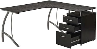 Brown Espresso L Shaped Desk with 3 Drawers, Corner Computer Workstation with Steel Frame and Reversible Layout for Home Office