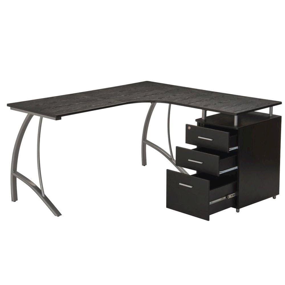 Brown Espresso L Shaped Desk with 3 Drawers, Corner Computer Workstation with Steel Frame and Reversible Layout for Home Office