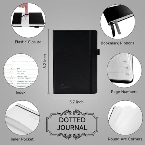 Bullet Dotted Journal Kit, Feela A5 Dotted Bullet Grid Journal Set with 224 Pages Black Notebook, Fineliner Colored Pens, Stencils, Stickers, Washi Tape, Black Pen for Diary Schedule Planner Draw