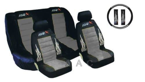 A Set of Low Back Type X Racing Style Front Bucket Seat Covers, Bench Seat Cover, Steering Wheel Cover and Shoulder Strap Cover - Grey