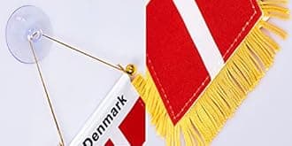 WXTWK 3 X 5 Inch Denmark Flag Danish Window Hanging Flag Small Mini Car Flags Banners Rearview Mirror Decoration With Suction Cup Golden Fringy Banner