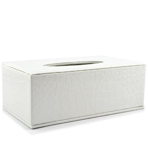 Tissue Box Cover Rectangle Crocodile Grain Pu Leather Holder for Home Office Hotel White Color