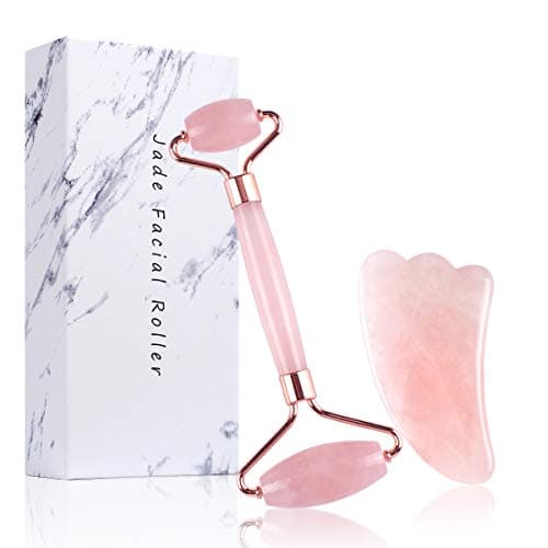 Jade Roller - Rose Quartz Face Roller and Gua Sha, Scrapping Massage Tools, Anti-Aging Beauty Kits for Slimming, Toning and Firming Skin - Natural Jade Stone Facial Roller for Face (pink)