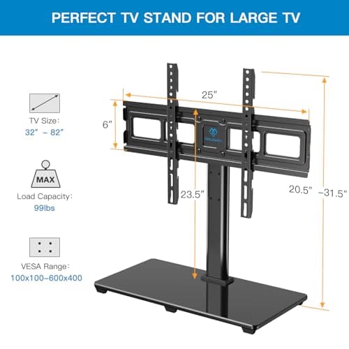 PERLESMITH Universal TV Stand Table Top TV Base for 37 to 70 inch LCD LED OLED 4K Plasma Flat Screen TVs - Height Adjustable TV Mount Stand with Tempered Glass Base, VESA 600x400mm, Holds up to 99lbs