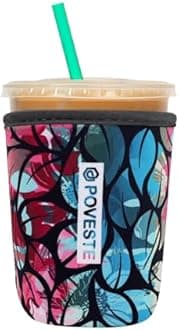 Reusable Neoprene Insulator Sleeve for Iced Coffee & Cold Soda, Coffee Sleeves for Iced & Hot Drinks, Cold Beverage Cooler Compatible with Starbucks, Dunkin (Blue&Pink Leave, Small: 16-18oz)
