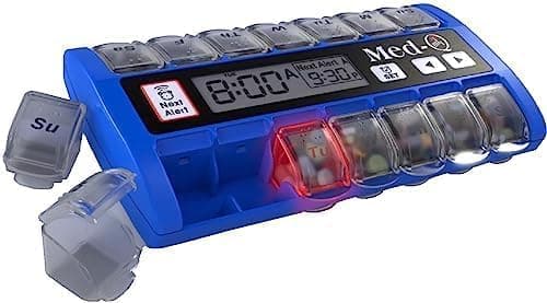 Digital Pill Box Organizer, 2 Beep Reminder, LED Alert, Blue