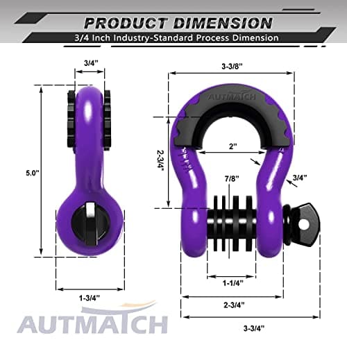 AUTMATCH Shackles 3/4" D Ring Shackle (2 Pack) 41,887Ib Break Strength with 7/8" Screw Pin and Shackle Isolator & Washers Kit for Tow Strap Winch Off Road Vehicle Recovery Purple & Black