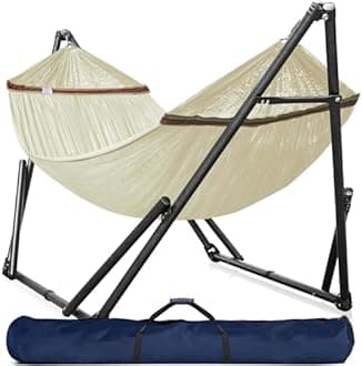 Tranquillo Double Hammock with Stand Included for 2 Persons/Foldable Hammock Stand 550 lbs Capacity Portable Case - Inhouse, Outdoor, Camping, White