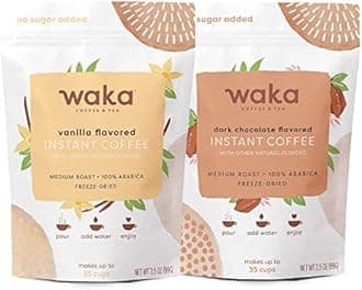 Waka Quality Instant Coffee — Unsweetened Vanilla and Dark Chocolate Flavored Instant Coffee Bundle — 100% Arabica Freeze Dried Beans — No Sugar Added & Unsweetened — 3.5 oz Bulk Bag