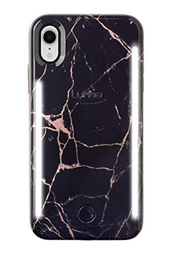LuMee Duo Phone Case, Metallic Rose Black Marble | Front & Back LED Lighting, Variable Dimmer | Shock Absorption, Bumper Case, Selfie Phone Case | iPhone XR Only