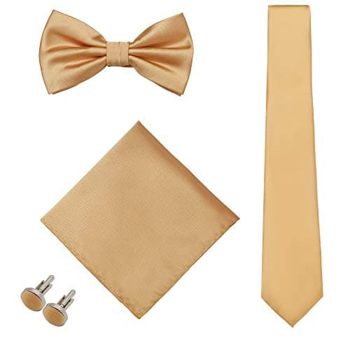 Luxury Bundle Set Tie Bow Tie Cufflinks Pocket Square (Gold)